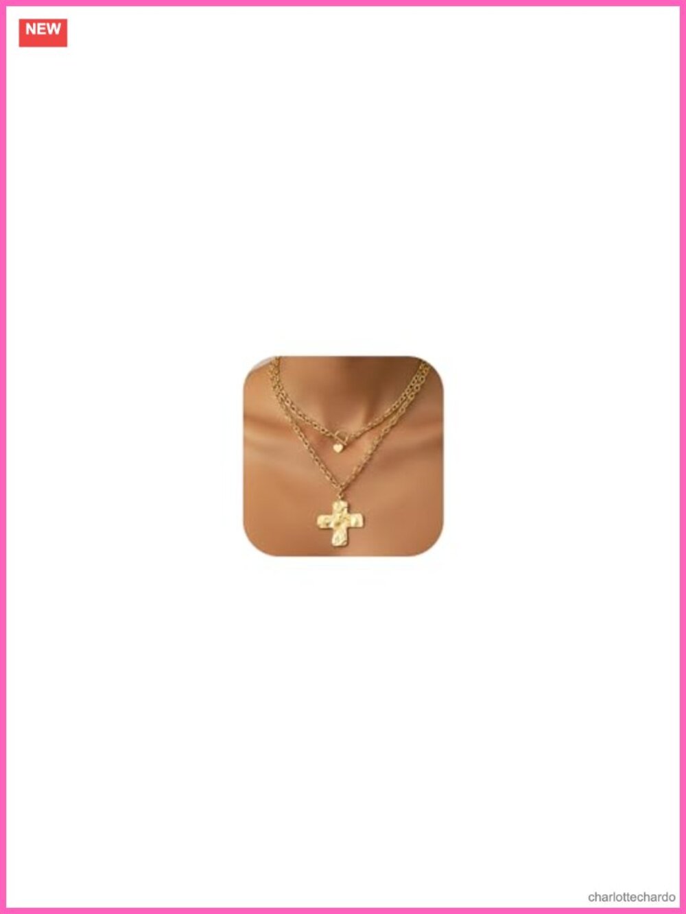14K Gold Plated Chunky Cross Pendant Necklace Layered Toggle Chain